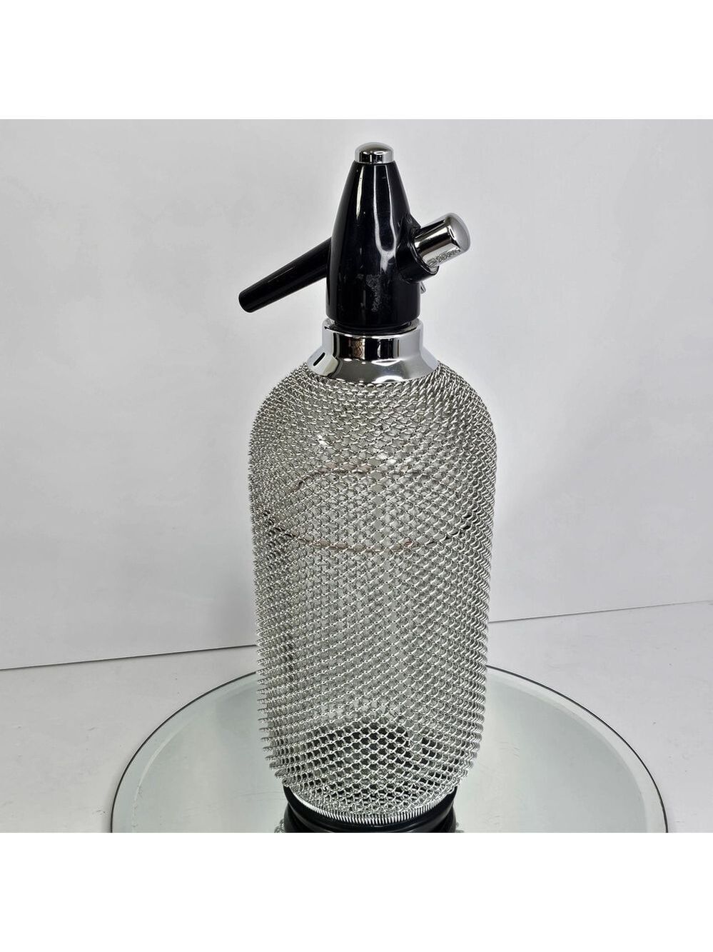 Vintage 14” Glass Soda Siphon Seltzer Bottle Chain Mesh Cover Chrome